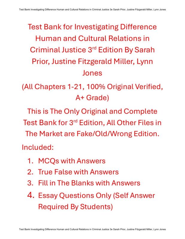 Test Bank For Investigating Difference Human and Cultural Relations in Criminal Justice 3rd Edition By Sarah Prior, Justine Fitzgerald Miller, Lynn Jones