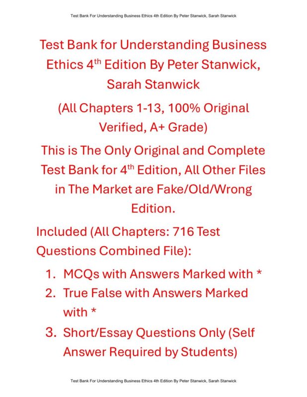 Test Bank For Understanding Business Ethics 4th Edition By Peter Stanwick, Sarah Stanwick