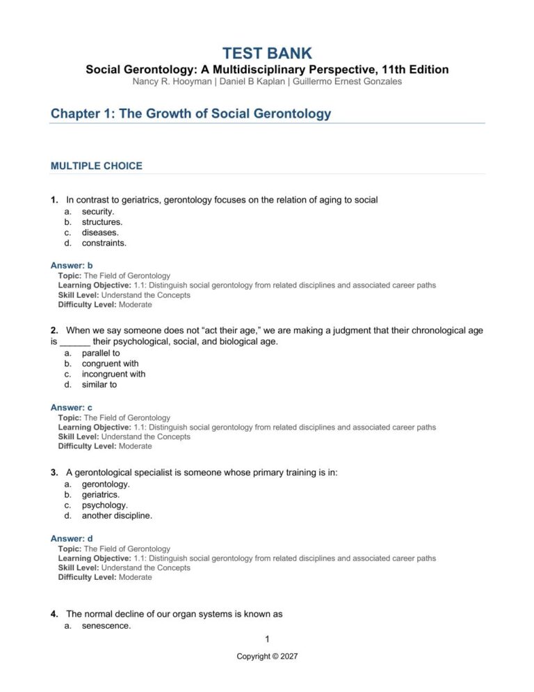 TEST BANK for Social Gerontology: A Multidisciplinary Perspective 11th Edition by Nancy R. Hooyman and Daniel B Kaplan [2026 Release]