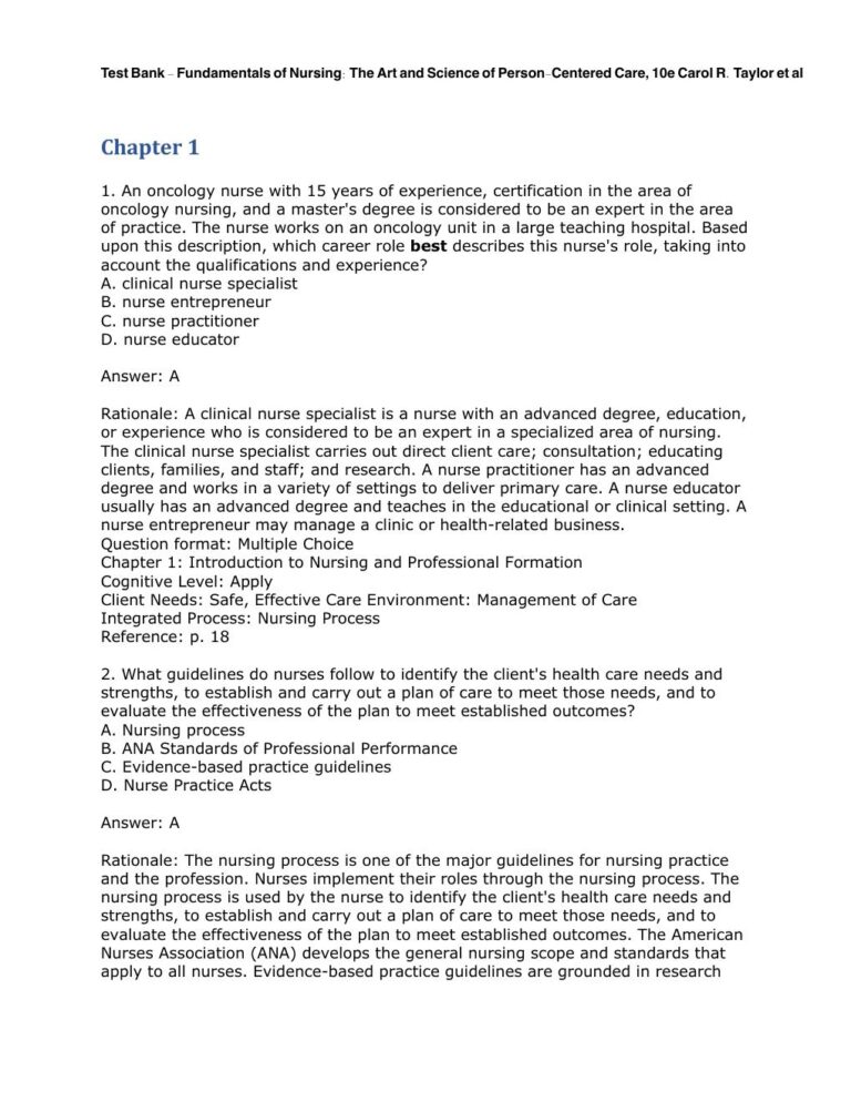 Test Bank for Fundamentals of Nursing, 10th Edition by Carol R. Taylor