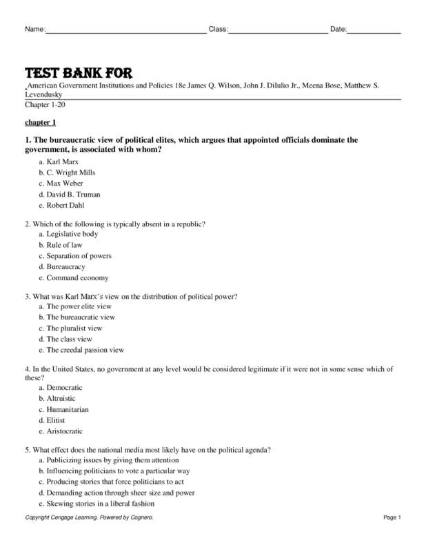Test Bank For American Government Institutions and Policies 18th Edition by James Q. Wilson, John J. DiIulio Jr., Meena Bose, Matthew S. Levendusky