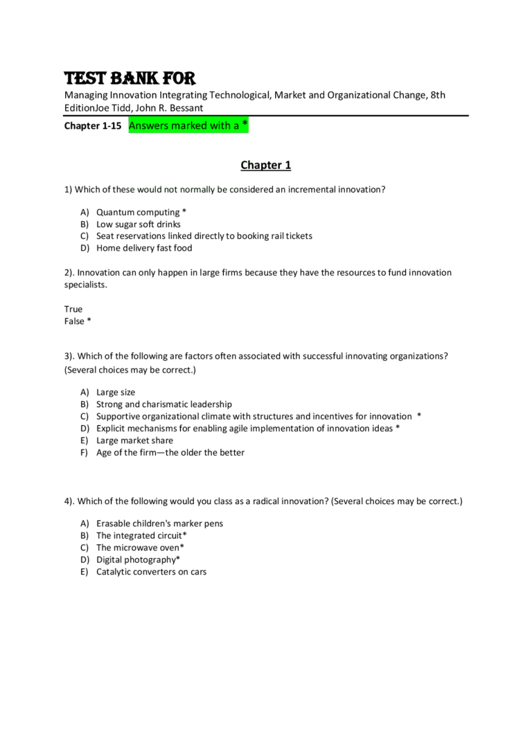 Test Bank For Managing Innovation: Integrating Technological Market and Organizational Change, 8th Edition by Joe Tidd, John R. Bessant Chapter 1-15
