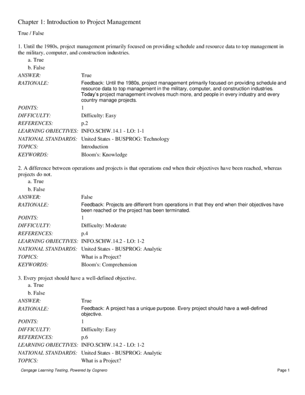 TEST BANK for Information Technology Project Management, 8the Edition by Schwalbe. Chapters 1-13. Q&A and Rationale..