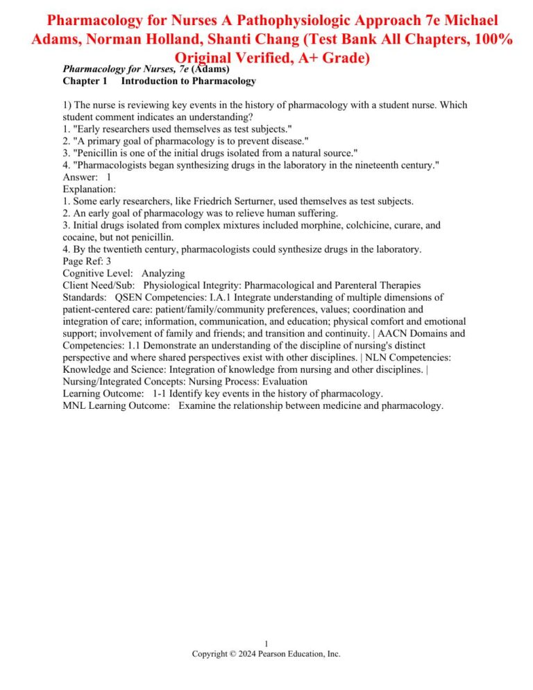 Pharmacology for Nurses A Pathophysiologic Approach 7th Edition By Michael Adams, Norman Holland, Shanti Chang | Test Bank