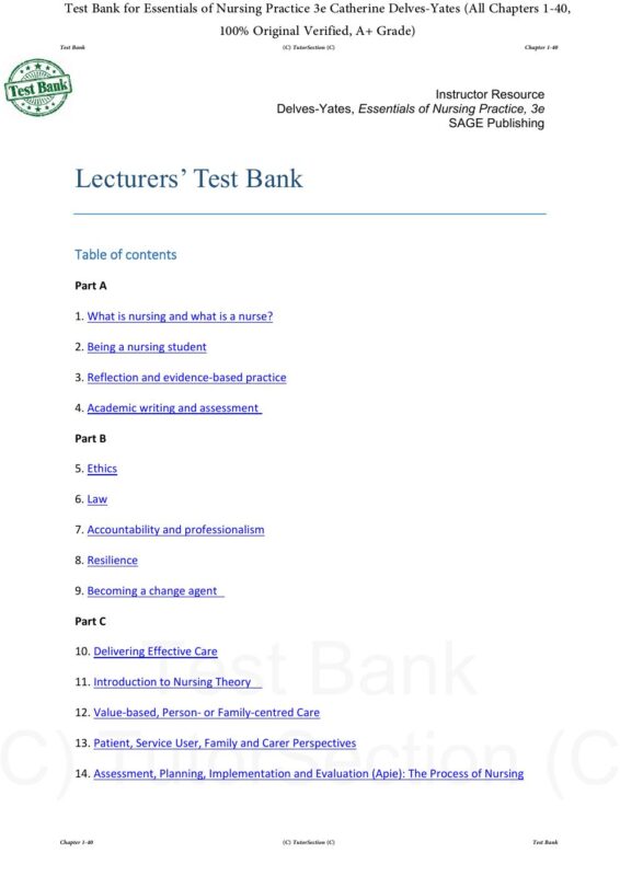 Test Bank for Essentials of Nursing Practice 3rd Edition By Catherine Delves-Yates (All Chapters 1-40, 100% Original Verified)