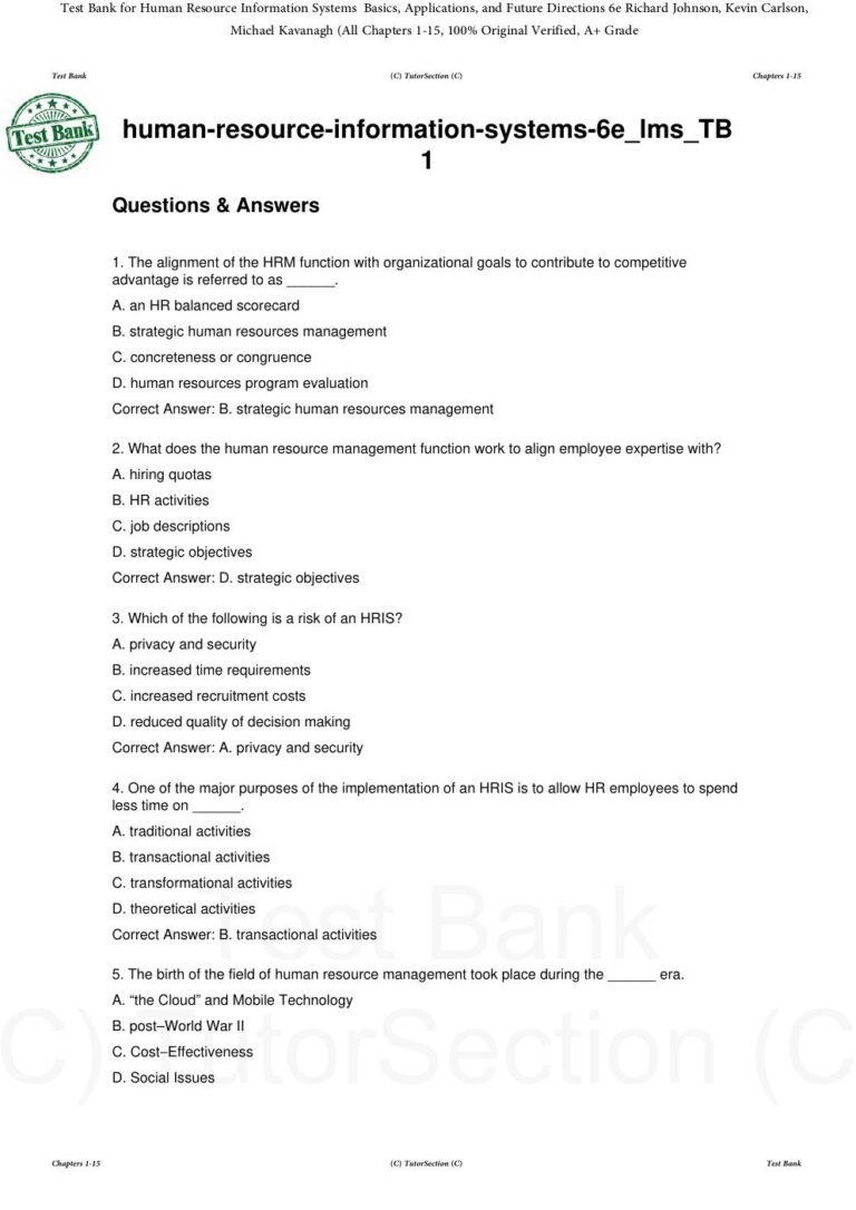 Test Bank for Human Resource Information Systems Basics, Applications, and Future Directions 6th Edition By Richard Johnson, Kevin Carlson, Michael Kavanagh (All Chapters 1-15, 100% Original Verified)