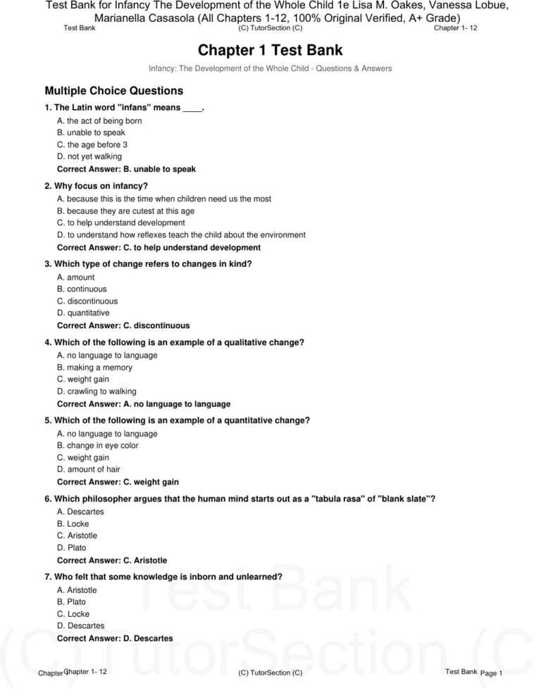 Test Bank for Infancy: The Development of the Whole Child 1st Edition By Lisa Oakes, Vanessa Lobue, Marianella Casasola (All Chapters 1-12, 100% Original Verified)