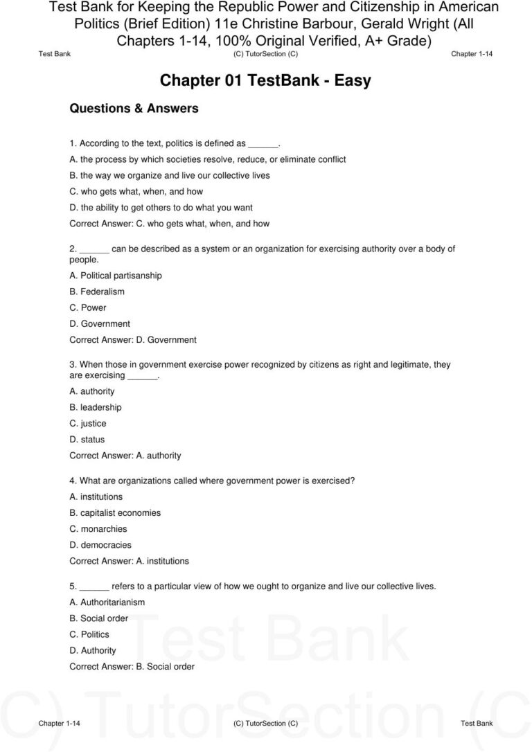 Test Bank for Keeping the Republic Power and Citizenship in American Politics (Brief Edition) 11th Edition By Christine Barbour, Gerald Wright (All Chapters 1-14, 100% Original Verified)