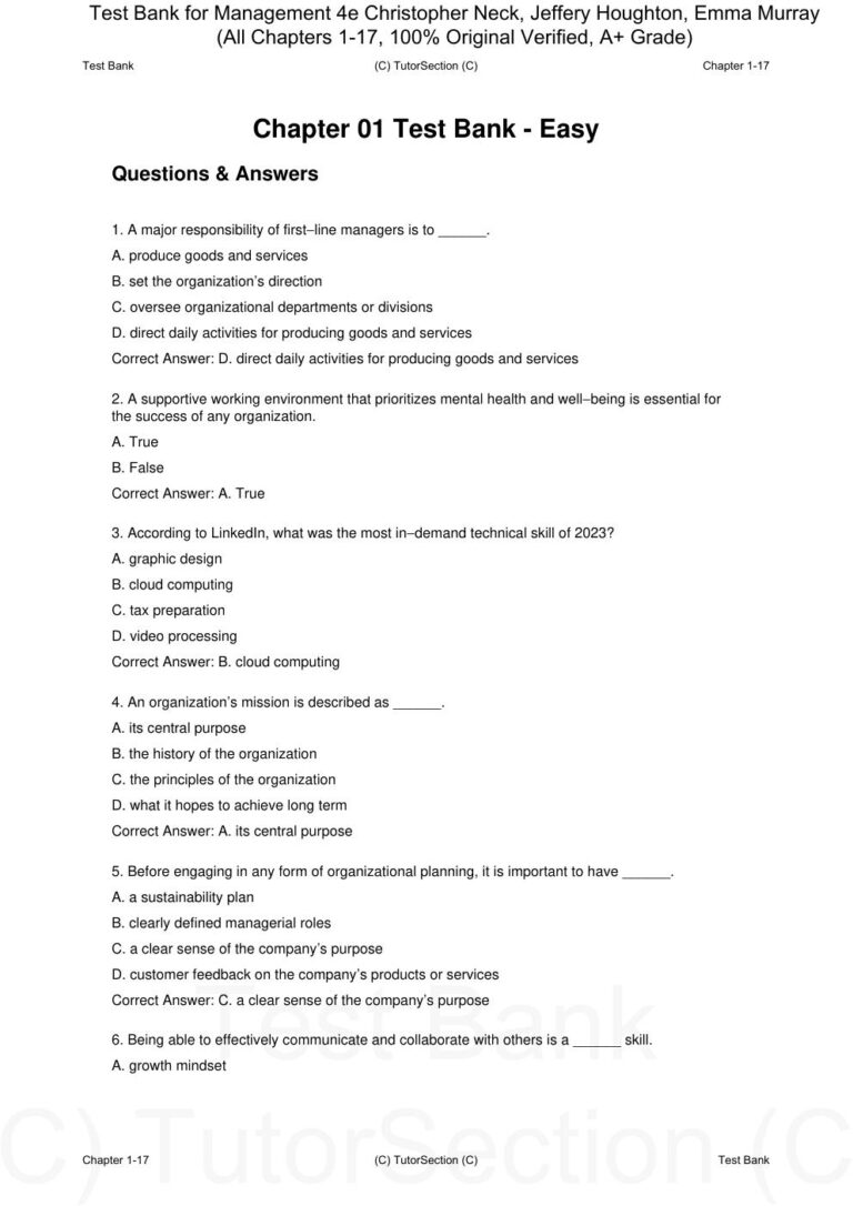Test Bank for Management 4th Edition By Christopher Neck, Jeffery Houghton, Emma Murray (All Chapters 1-17, 100% Original Verified)
