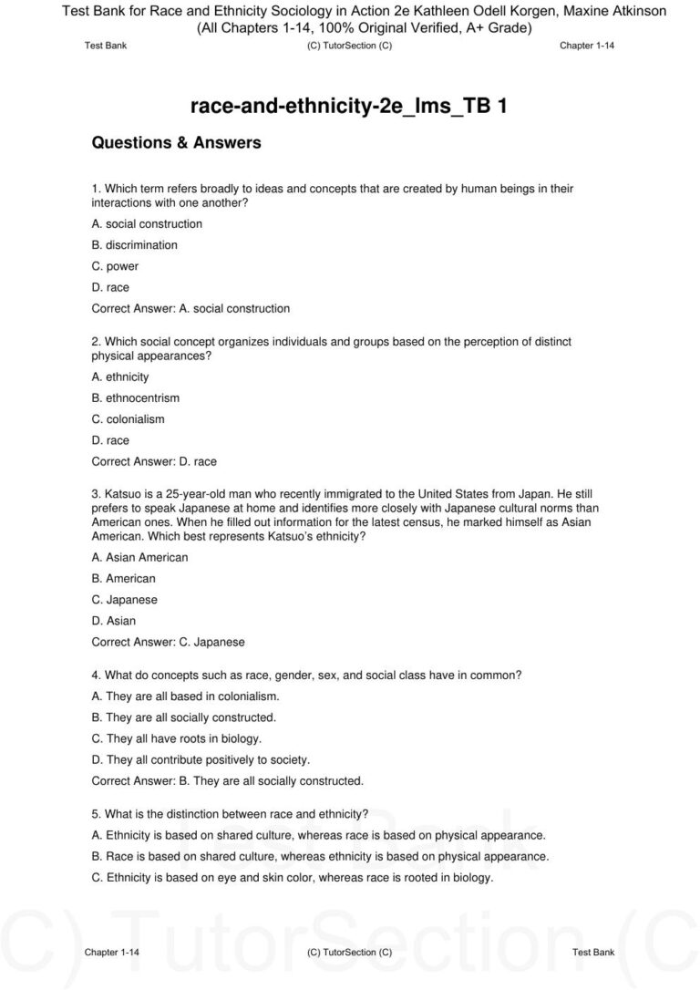 Test Bank for Race and Ethnicity Sociology in Action 2nd Edition By Kathleen Odell Korgen, Maxine Atkinson (All Chapters 1-14, 100% Original Verified)