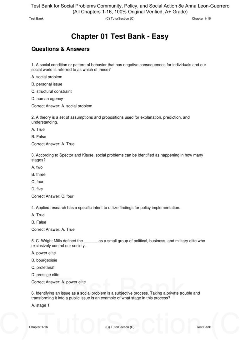 Test Bank for Social Problems Community, Policy, and Social Action 8th Edition By Anna Leon-Guerrero (All Chapters 1-16, 100% Original Verified)