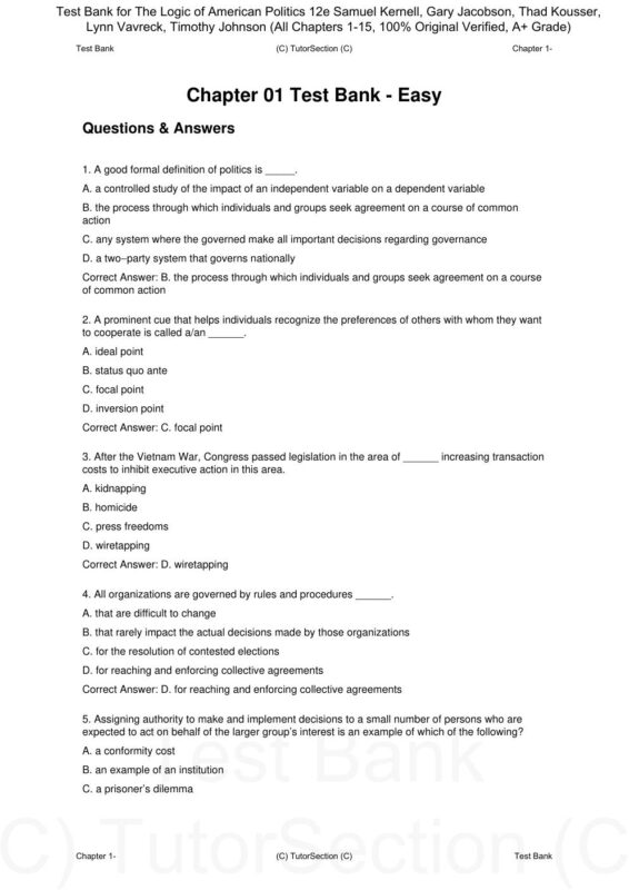 Test Bank for The Logic of American Politics 12th Edition By Samuel Kernell, Gary Jacobson, Thad Kousser, Lynn Vavreck, Timothy Johnson (All Chapters 1-15, 100% Original Verified)