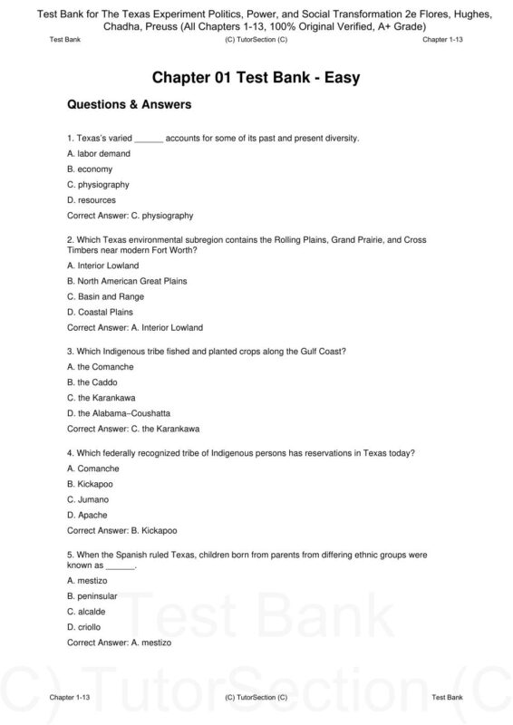 Test Bank for The Texas Experiment Politics, Power, and Social Transformation 2th Edition By Flores, Hughes, Chadha, Preuss (All Chapters 1-13, 100% Original Verified)